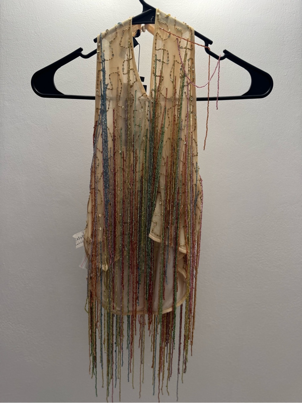 Nasty Gal Beige Beaded Fringe Halter Top